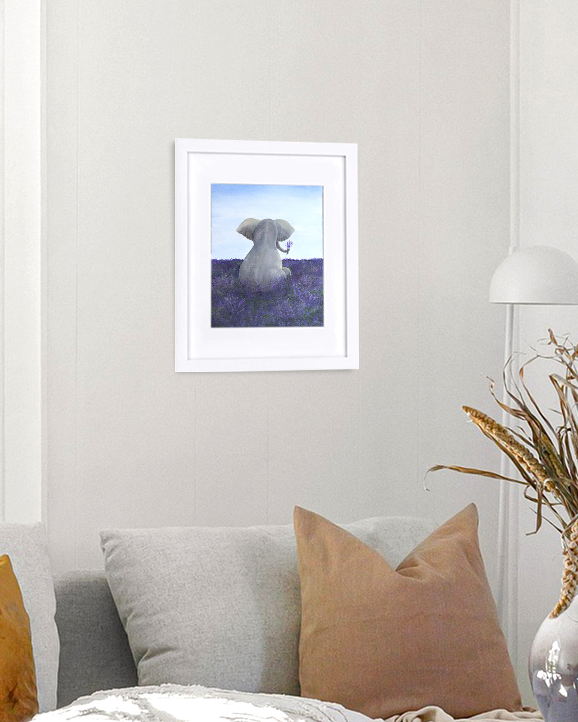 lavender field wall art with elephant